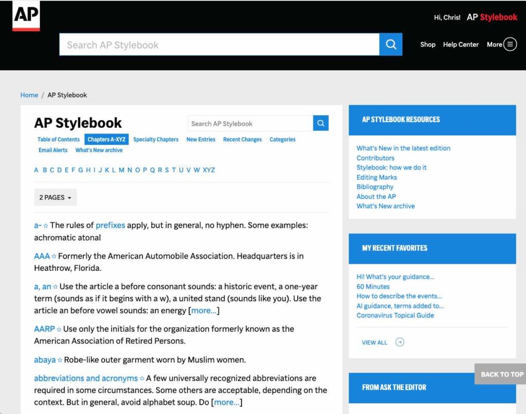 AP Stylebook Online displaying the first page of chapters A-XYZ.