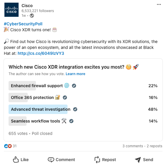 A LinkedIn poll asking users which Cisco XDR integration they’re most excited about.