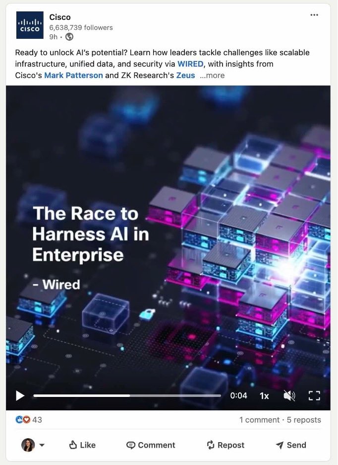 A LinkedIn post from Cisco features a video with eye-catching light, colors, and design.