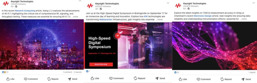 Three Keysight posts on LinkedIn featuring visual media content with a similar purple-red color scheme.