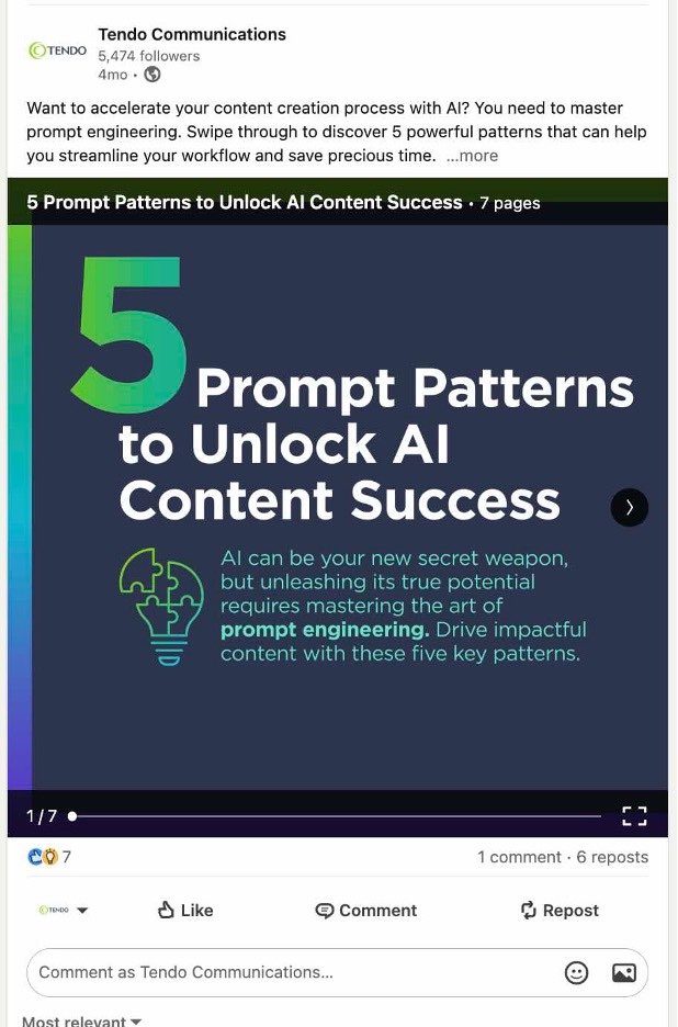 Tendo’s LinkedIn content carousel displays a cover slide with title “5 Prompt Patterns to unlock AI Content Success.”