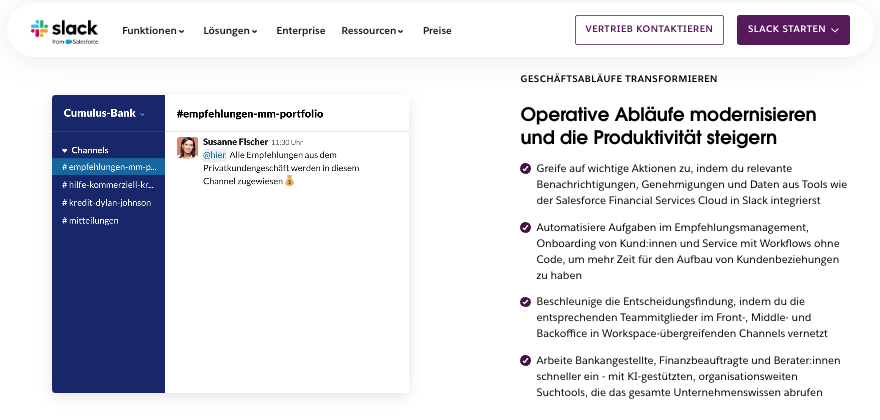 Writing for translation example featuring an excerpt from Slack’s Financial Services page in German.