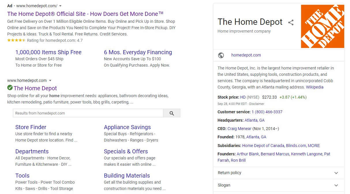 Example of structured content in Google search results