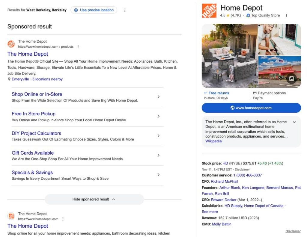 Home Depot’s SERP on Google displays the company’s URL, phone number, thumbnail images, stock price, founders, and more.