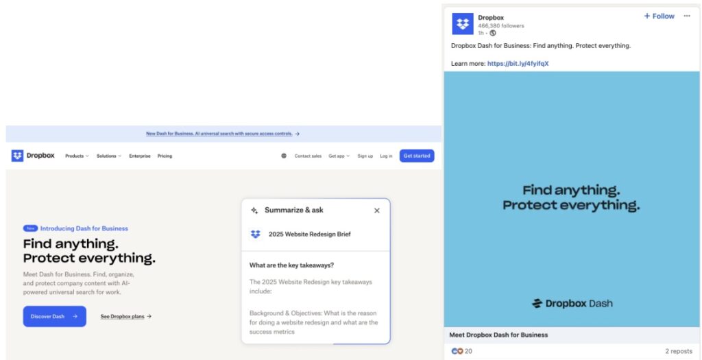 Dropbox LinkedIn post and Dropbox homepage with the consistent messaging, “Find anything. Protect everything.”