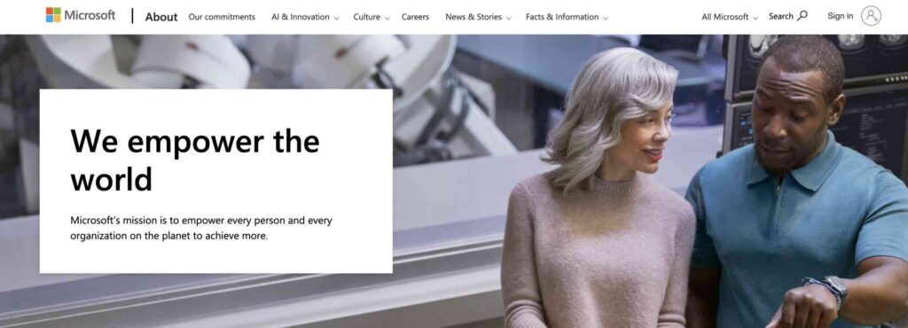 Microsoft About Us webpage, which reflects brand values via a tagline and mission statement at the top of the page.