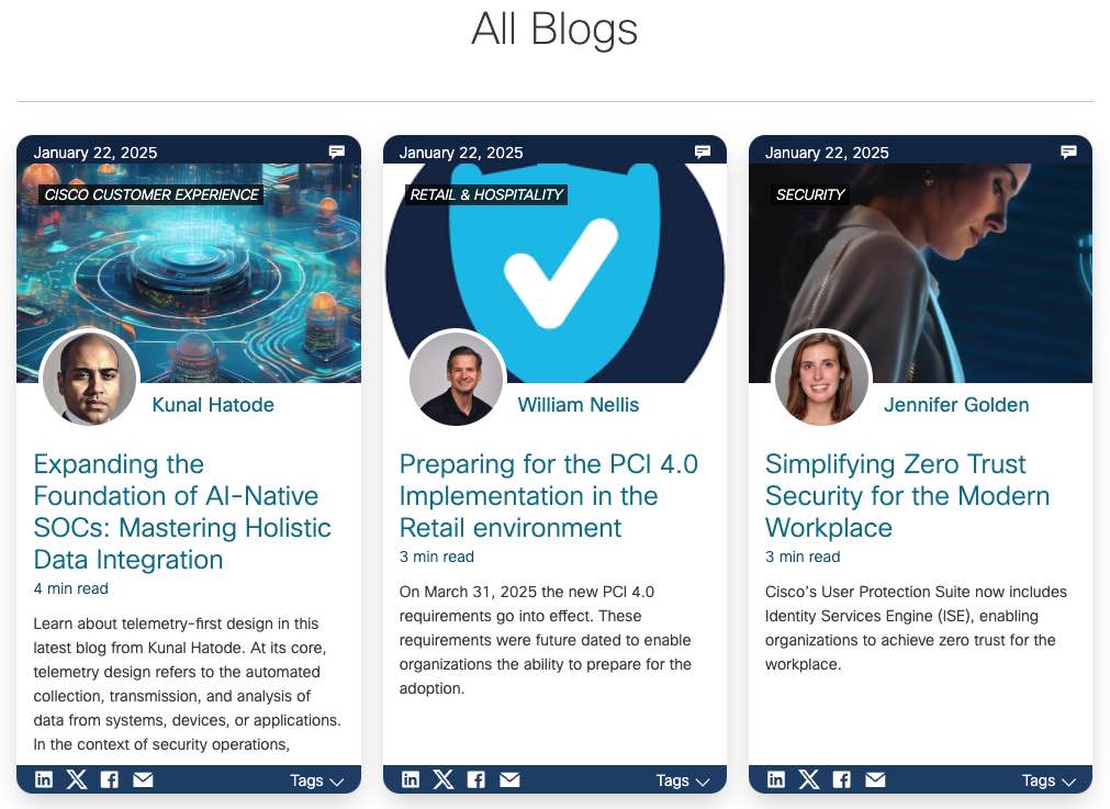 Three blogs shown in card view on Cisco’s blogging platform.