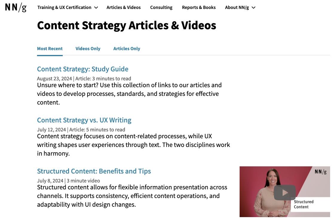 List of content strategy articles and videos on the Nielsen Norman Group website.