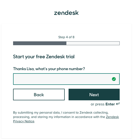 Microcopy example from the "start your free Zendesk trial" signup process.