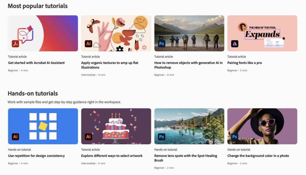 Adobe Learn’s “Most popular tutorials” and “Hands-on tutorials” featured resources.