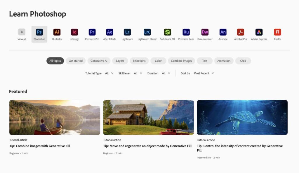 Adobe Learn’s Photoshop resources page displaying app logos up top followed by filters and featured resources.