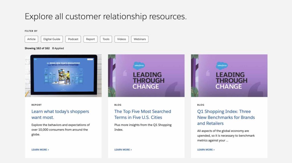 Salesforce Customer Relationships resources page displaying content type filters at top and 3 article resources.