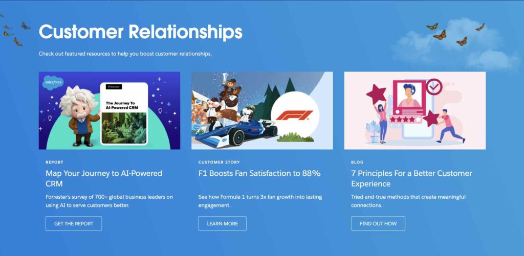 A report, customer story, and blog post featured at the top of the Salesforce Customer Relationships resources page.