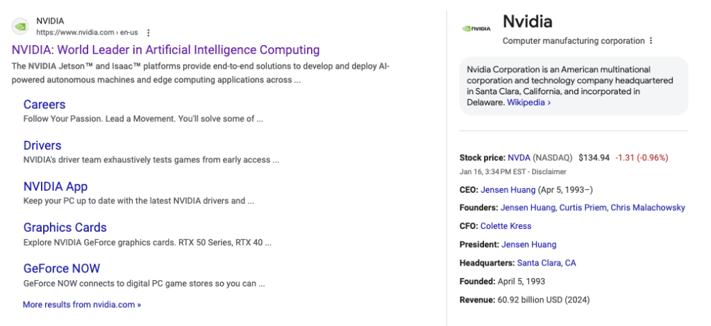 Structured content example featuring Nvidia search results.