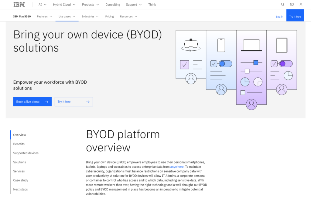 BYOD solutions use case for the IBM MaaS360 product is displayed on the page.