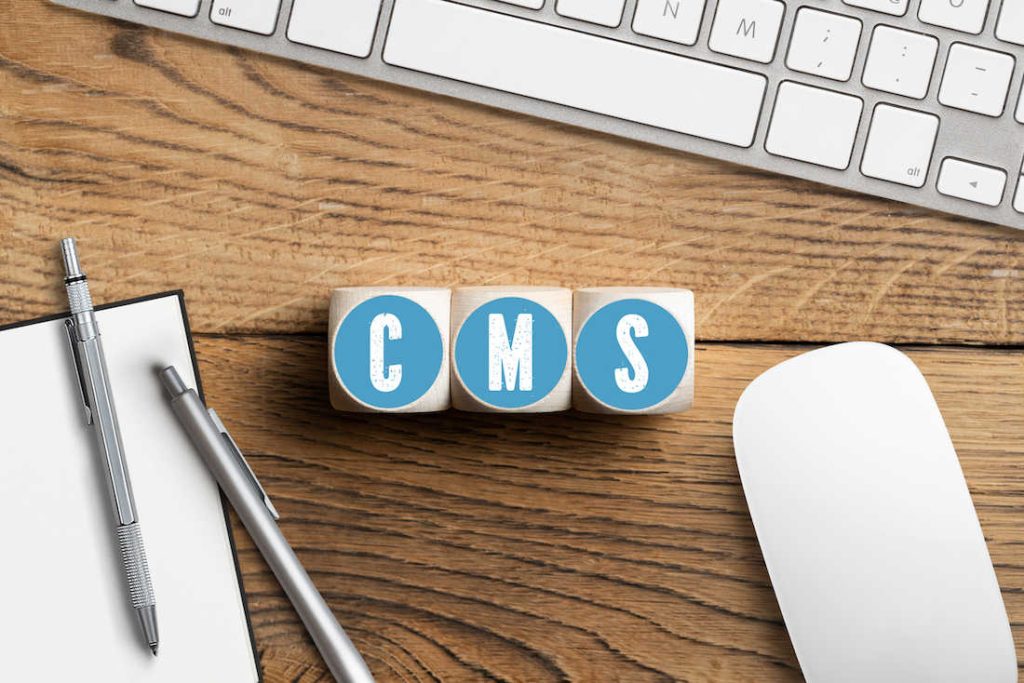 Blocks with the letters "CMS" on a desk.