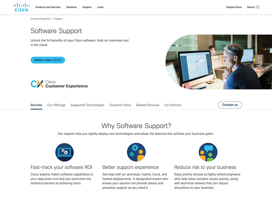 Screenshot of how Cisco organizes its services in support of Cisco products