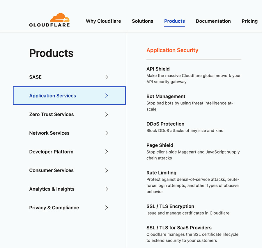 Cloudflare product navigation