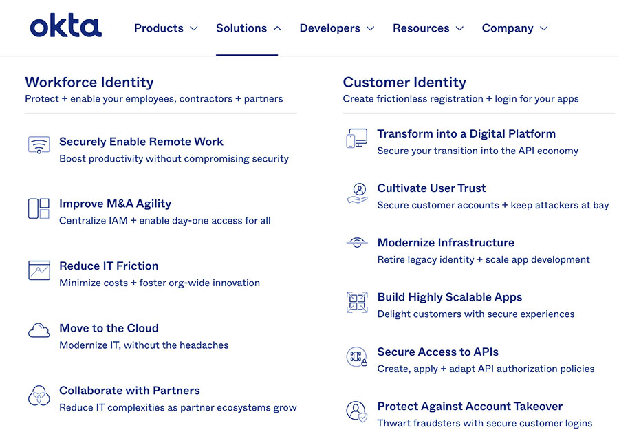 Screenshot of how Okta organizes its solutions