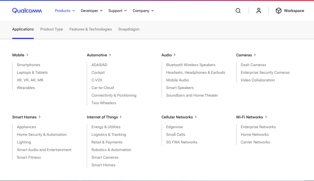 Qualcomm Product menu with applications product category selected to display multiple application groupings.