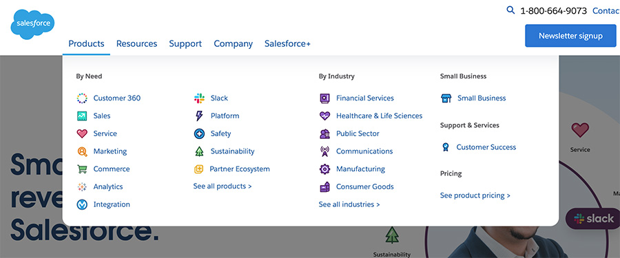 Screenshot of how Salesforce organizes its products via website navigation