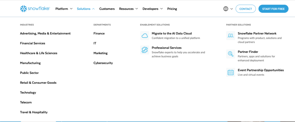 Snowflake solutions menu displaying industry, department, enablement, and partner solution groupings.