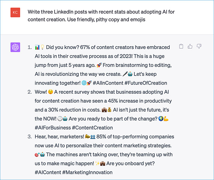 Example of generative AI for content creation: LinkedIn posts generated by ChatGPT-4