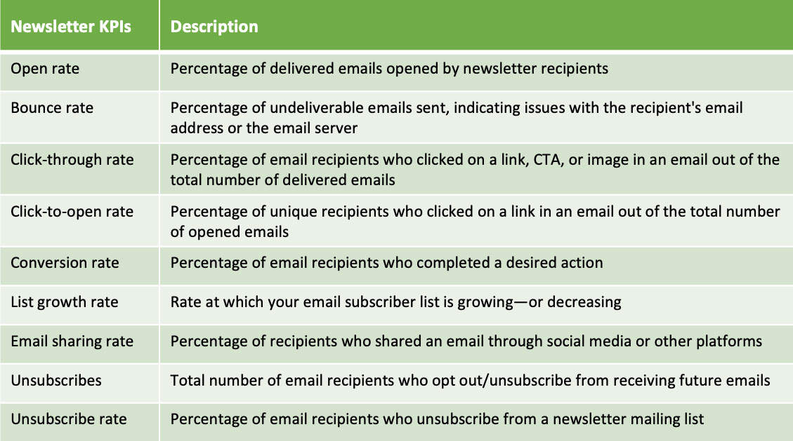 Newsletter KPIs and description example
