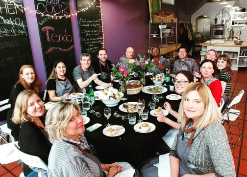 Team members around a dinner table