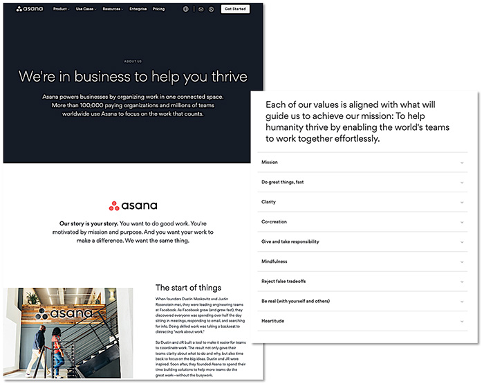 Asana's About Us page with their mission statement and values. 