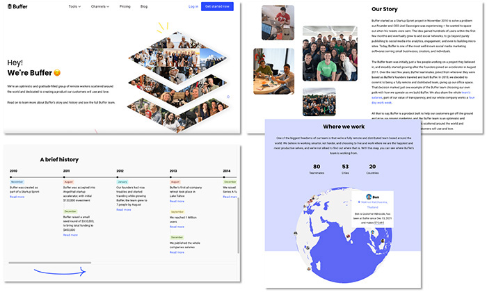 Buffer's About Us page with their story, history, and locations. 