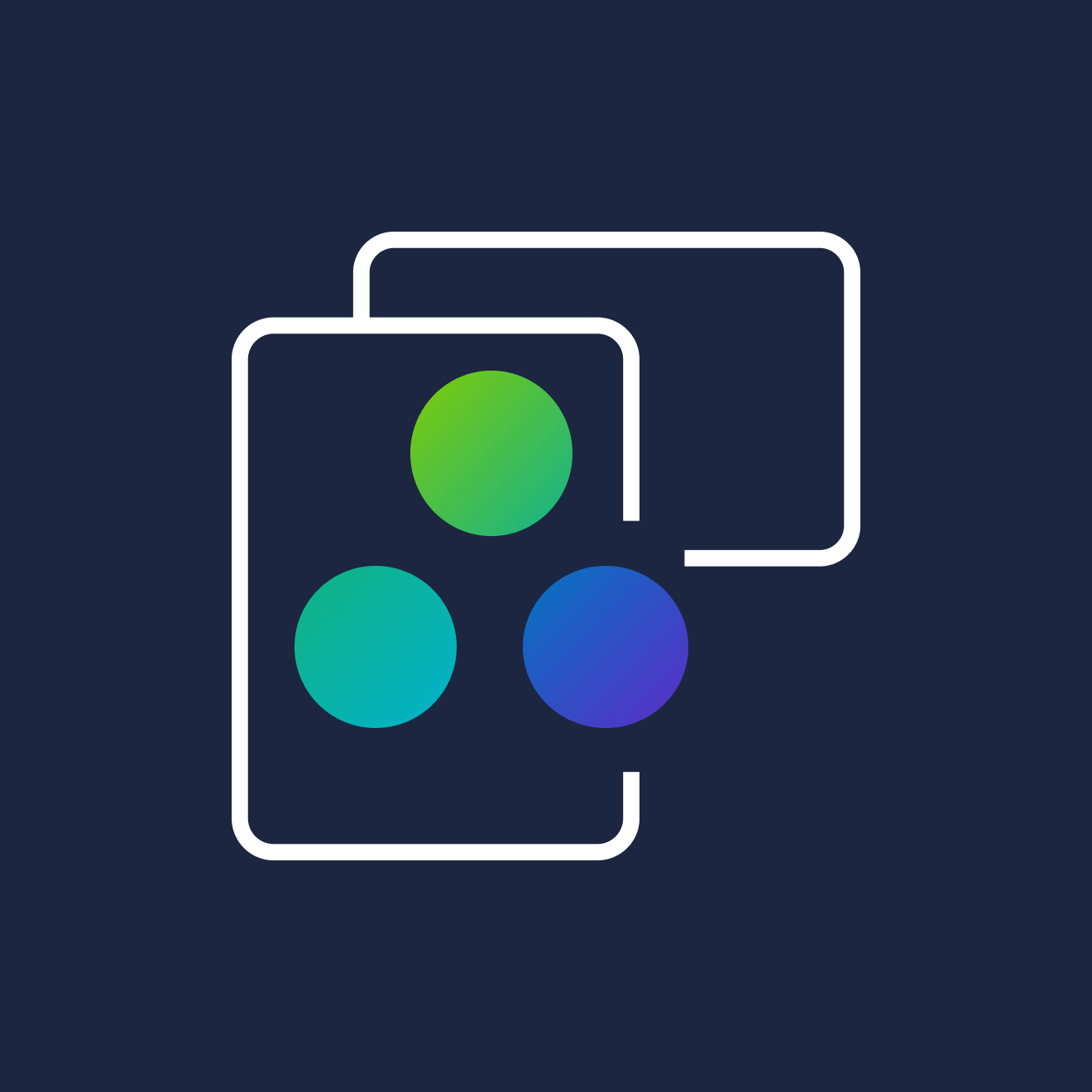 Digital graphic design icon comprising 3 dots in green and blue on 2 rectangles outlined in white.