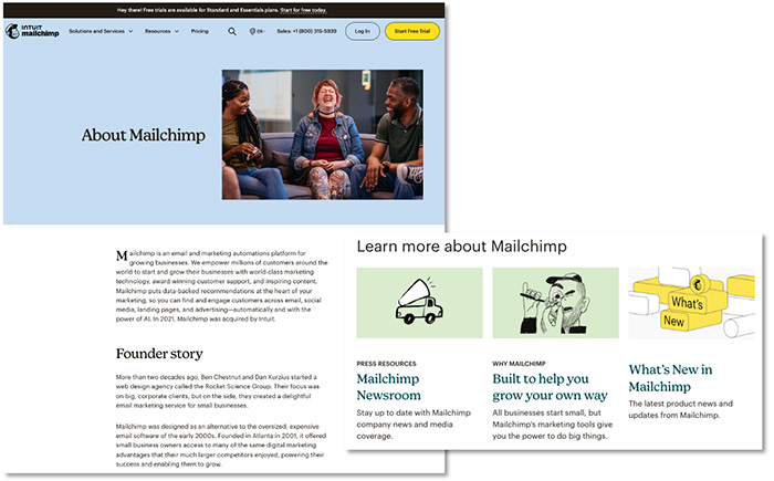 Mailchimp About Us page with Founder story and recent articles. 