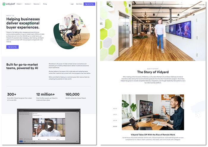 Vidyard's About Us page with their mission statement, story, and quick statistics. 
