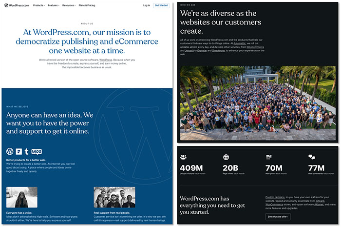 WordPress's About Us page with their mission, quick statistics, and call to action. 