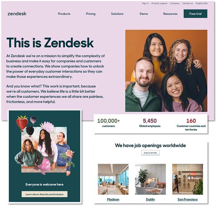 Zendesk About Us page with mission statement and quick statistics. 