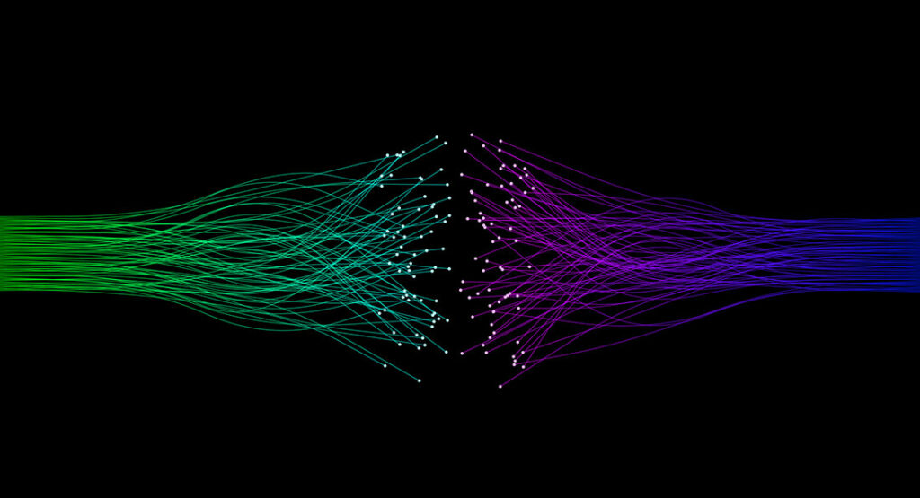 Green and purple fibers connecting together.