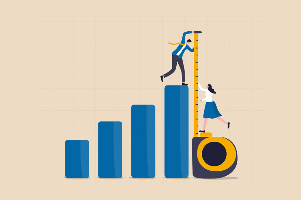 Two people measuring the height of bars in a graph.