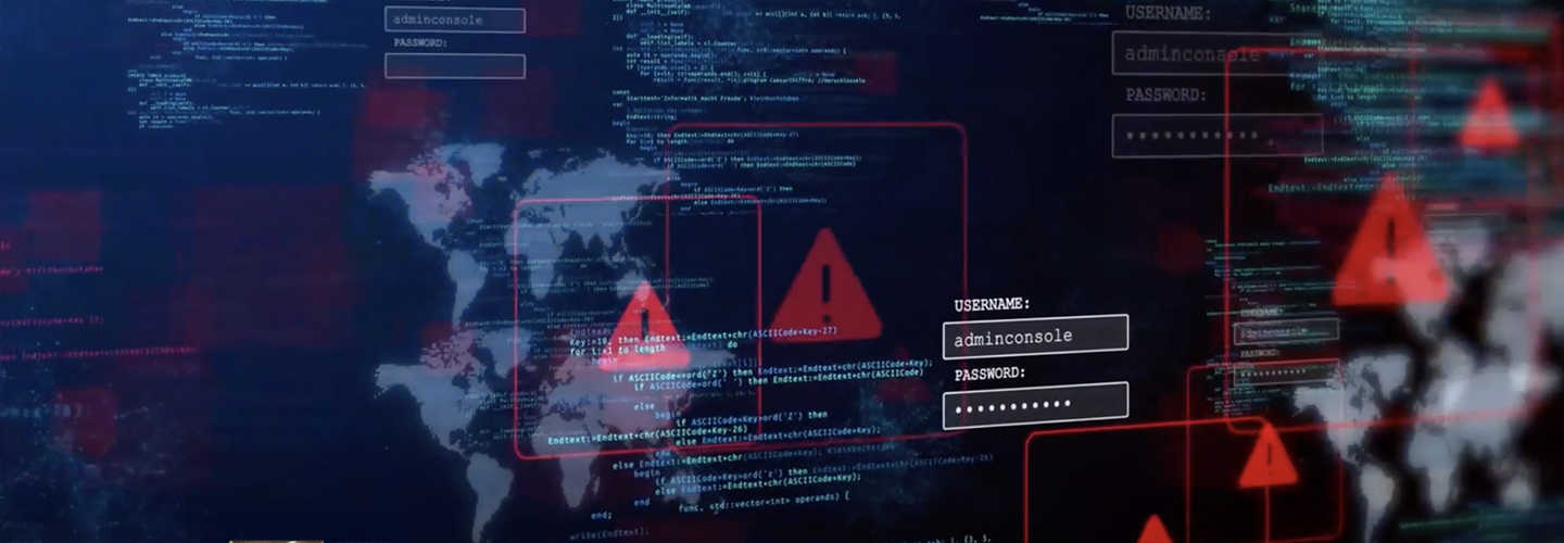 Computer screen with lines of code, red security warning signs, and username and password fields.