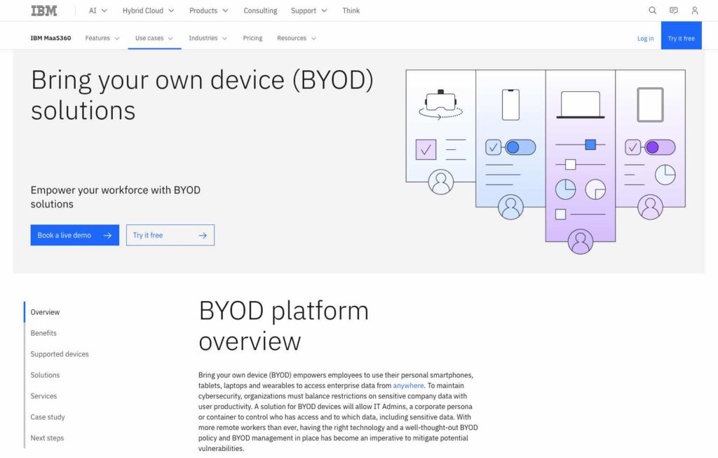 BYOD solutions use case for the IBM MaaS360 product is displayed on the page.