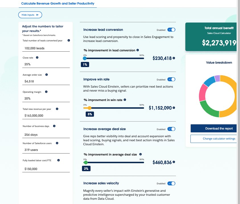 Salesforce ROI calculator includes toggles and sliders that users can interact with to calculate revenue growth.