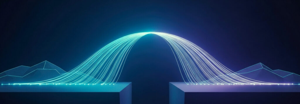 Glowing abstract data stream forming a bridge over a digital chasm